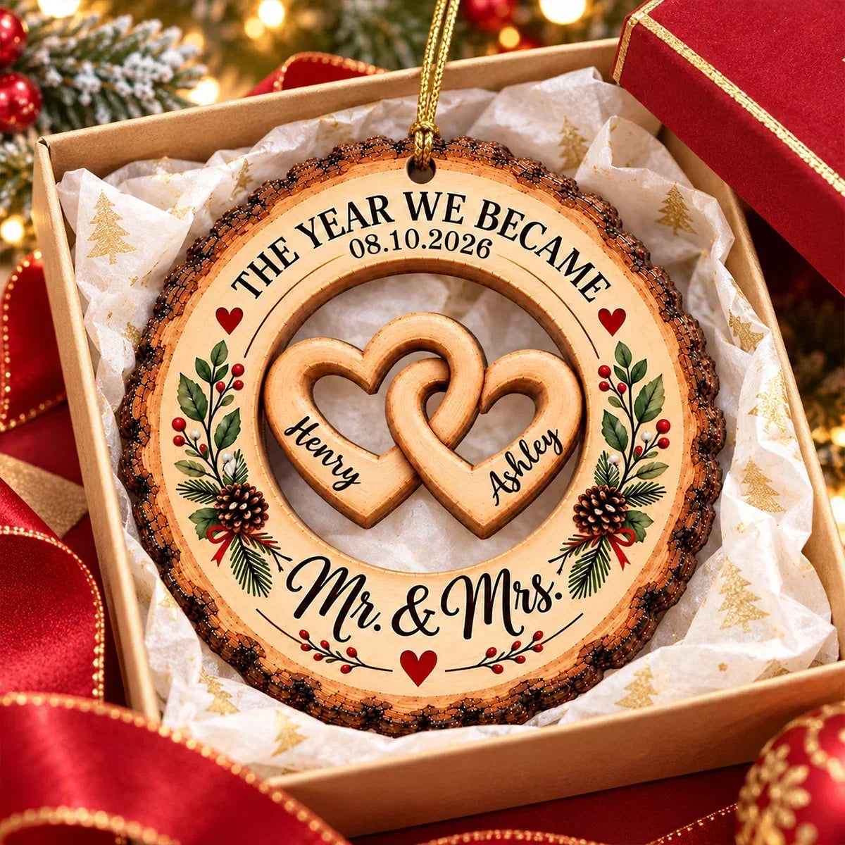 Personalized Wooden Ornament, The Year We Became Mr & Mrs, Warm Wedding Keepsake, Creative Gift for Newlyweds
