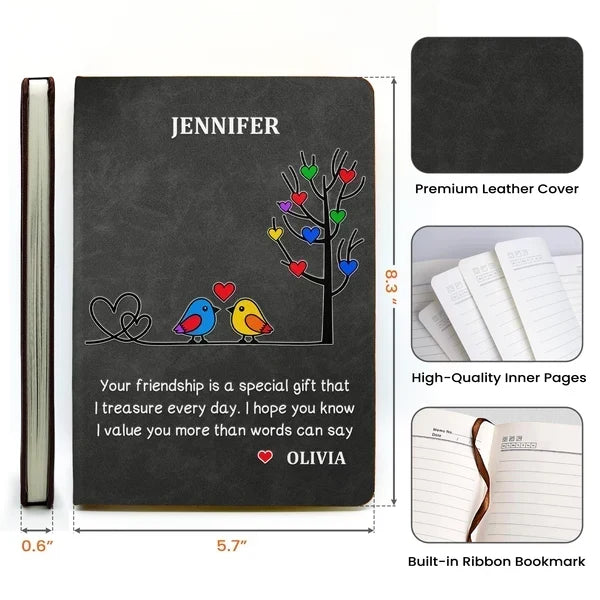 Personalized Leather Journal with Colorful Birds Beside a Heart Tree, Unique Gift for Best Friend