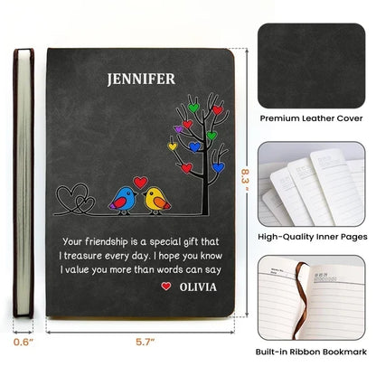 Personalized Leather Journal with Colorful Birds Beside a Heart Tree, Unique Gift for Best Friend