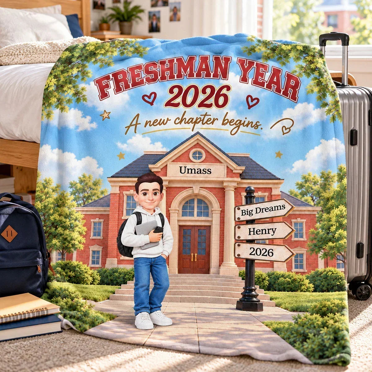 Personalized Fleece Blanket, Student Holding Books on a Sunny Campus, Unique College Gift