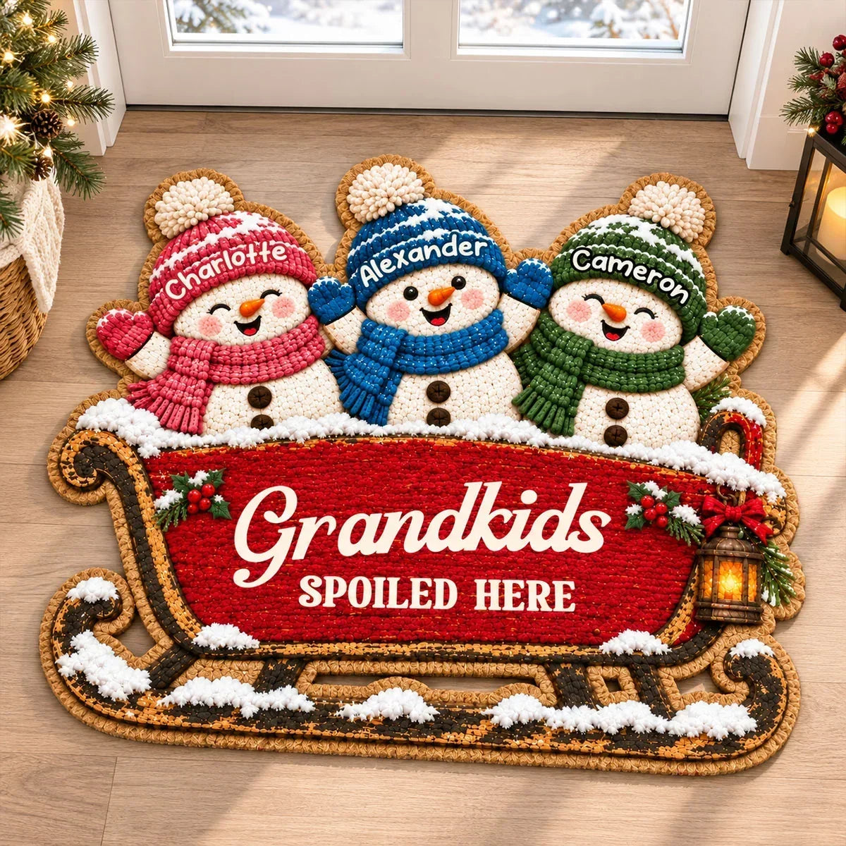 Personalized Shaped Doormat with Snowman Family on a Sleigh, Christmas Decor, Unique Gift for Grandparents