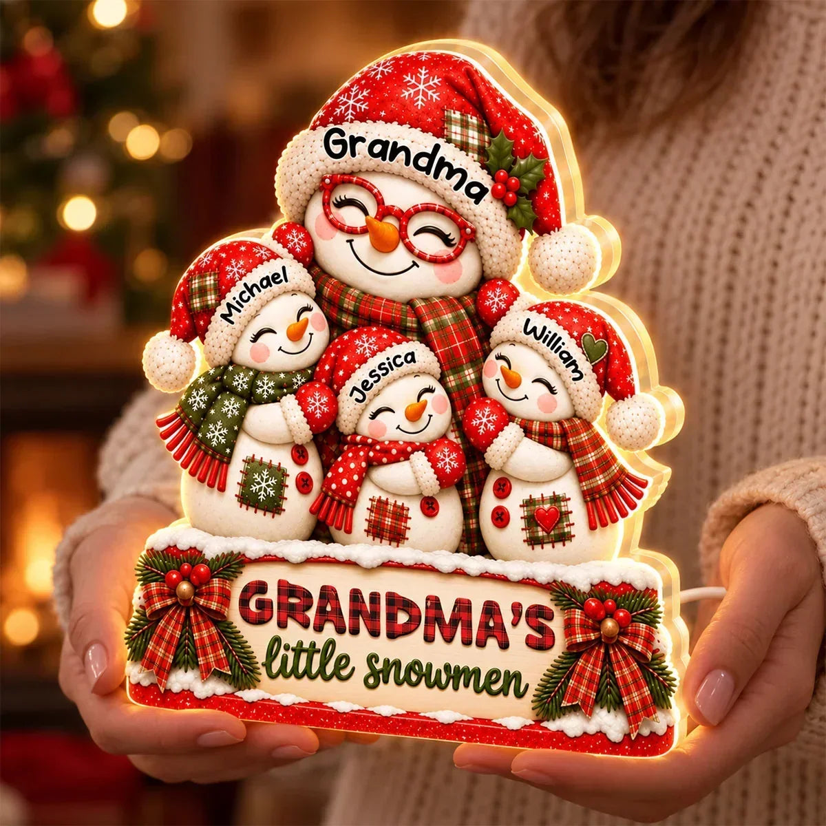 Personalized Acrylic Light Box, Smiling Grandma and Little Snowmen Christmas Scene, Unique Gift for Grandma