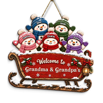 Personalized Wooden Sign with Cheerful Snowmen on a Sleigh, Unique Christmas Gift for Grandma & Grandpa