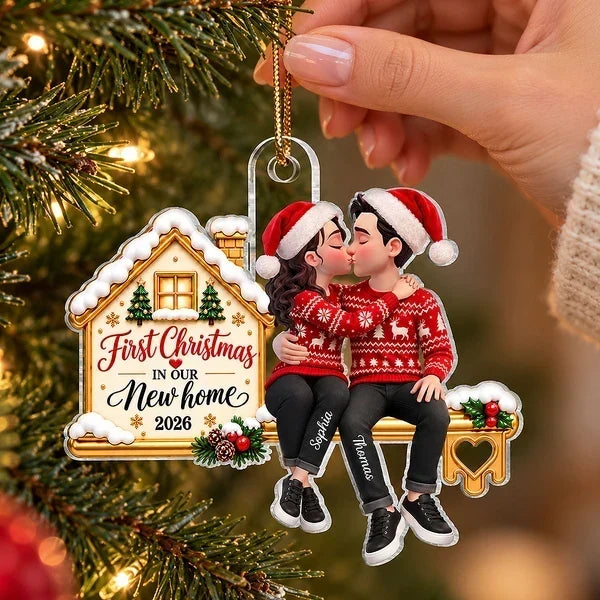 First Christmas Acrylic Ornament, Personalized Kissing Couple at Their New Home, Creative Romantic Gift