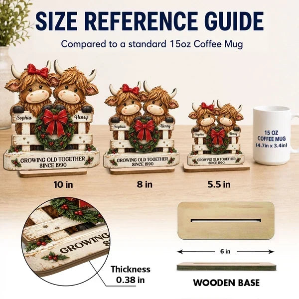 Personalized 2-Layer Wooden Plaque, Highland Cow Couple by a Christmas Fence, Unique Gift for Couples