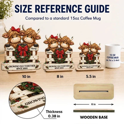 Personalized 2-Layer Wooden Plaque, Highland Cow Couple by a Christmas Fence, Unique Gift for Couples