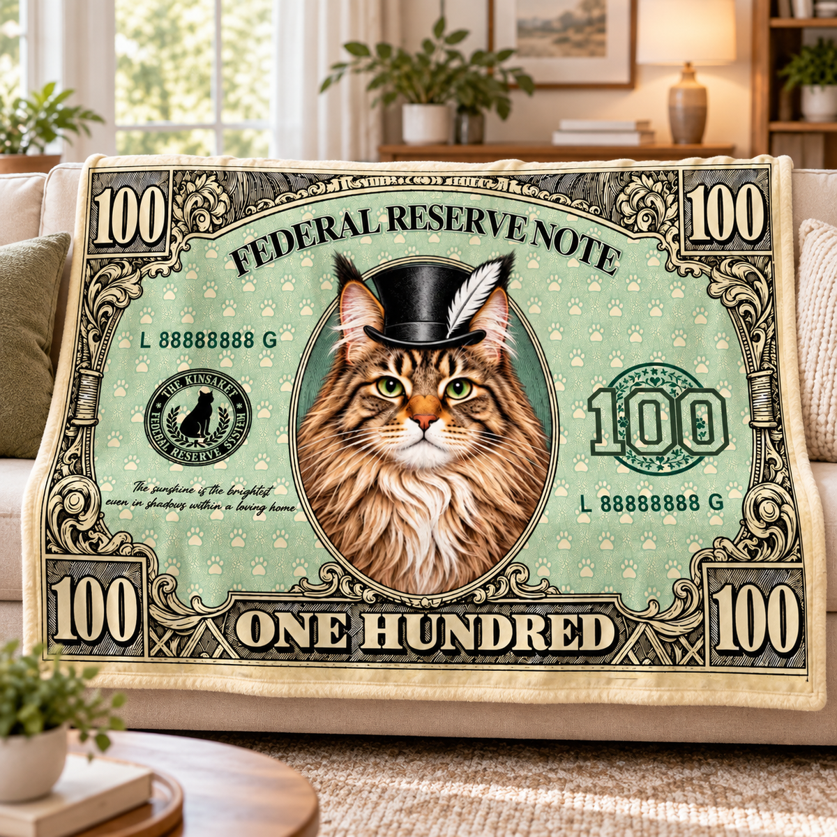 Funny Pet 100 Dollar Bill Throw Blanket | Cat Dog US Dollar Themed Soft Blanket