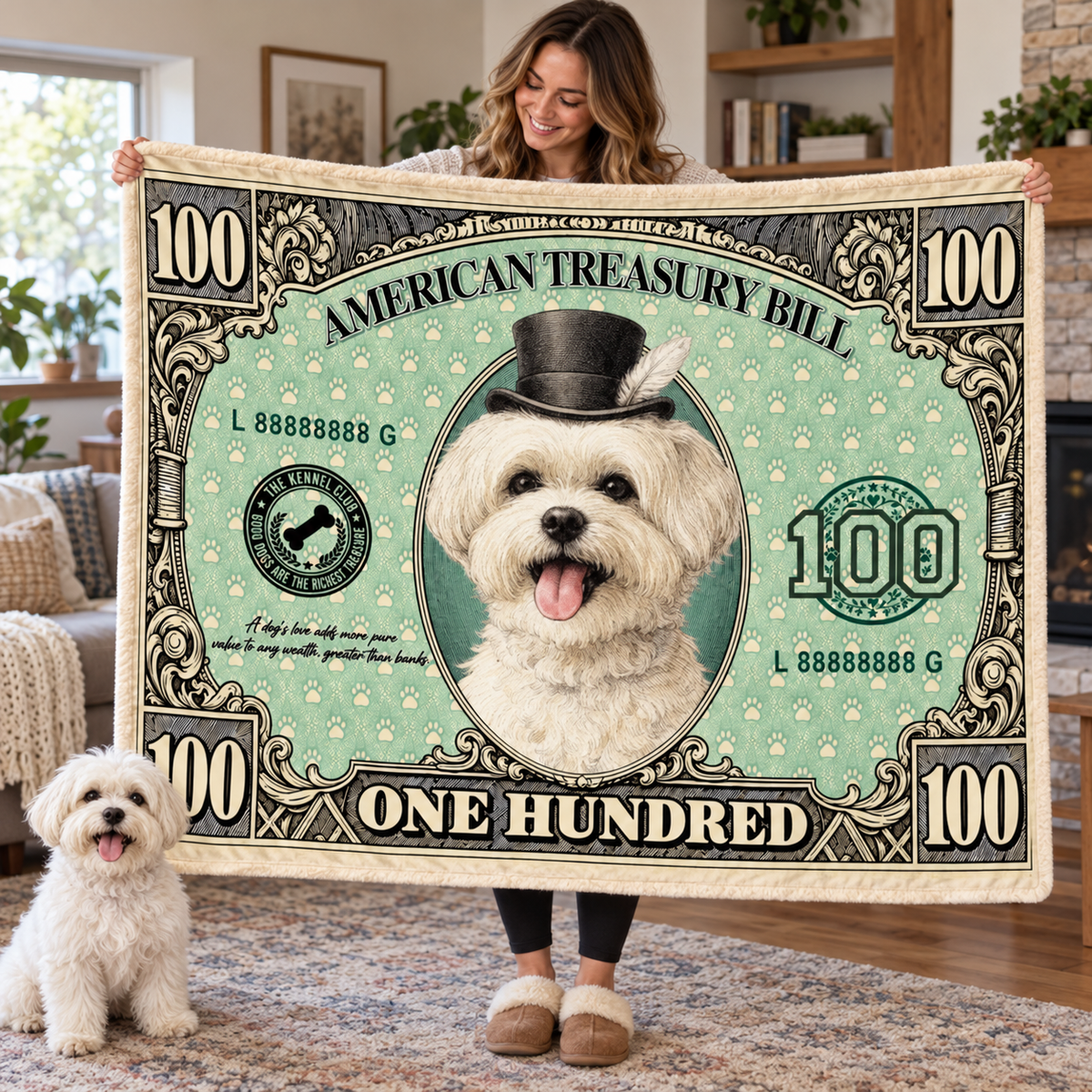 Funny Pet 100 Dollar Bill Throw Blanket | Cat Dog US Dollar Themed Soft Blanket