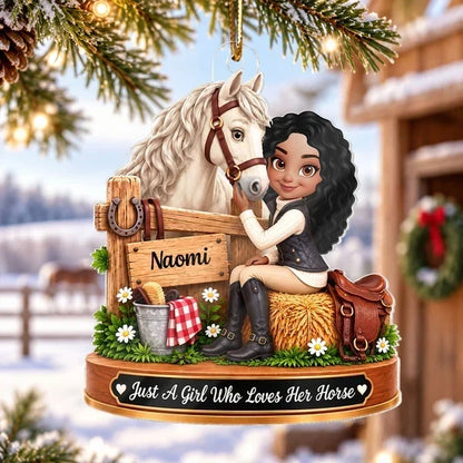 Personalized Acrylic Ornament, Girl Cuddling a Chestnut Horse at a Rustic Stable, Unique Christmas Gift for Horse Lover