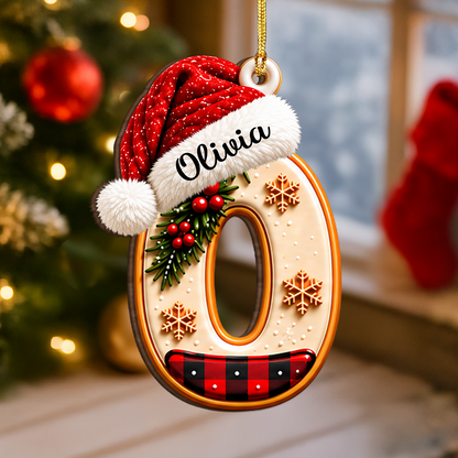 Personalized Wooden Ornament with Santa Hat Letter Design, Festive Tree Decor, Unique Gift for Family