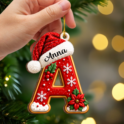 Personalized Wooden Ornament with Santa Hat Letter Design, Festive Tree Decor, Unique Gift for Family
