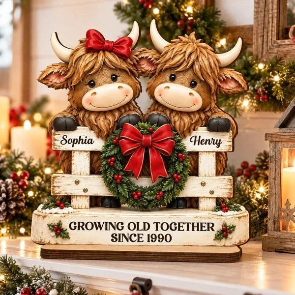 Personalized 2-Layer Wooden Plaque, Highland Cow Couple by a Christmas Fence, Unique Gift for Couples