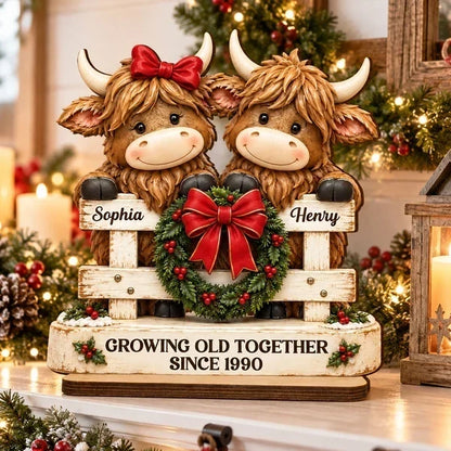 Personalized 2-Layer Wooden Plaque, Highland Cow Couple by a Christmas Fence, Unique Gift for Couples
