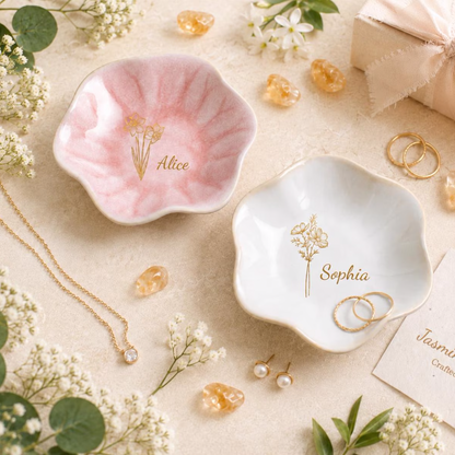 Personalized Birth Flower Name Ceramic Ring Dish Trinket Tray