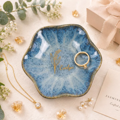 Personalized Birth Flower Name Ceramic Ring Dish Trinket Tray