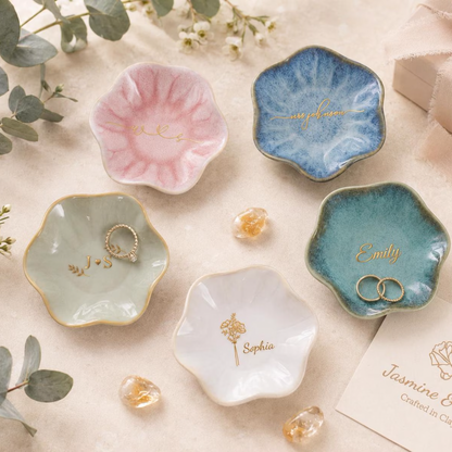 Personalized Birth Flower Name Ceramic Ring Dish Trinket Tray