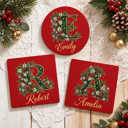 Personalized Vintage Christmas Monogram Ceramic Coaster