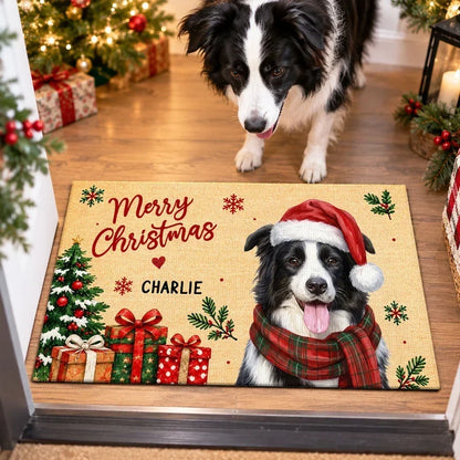 Personalized Watercolor Santa Dog Welcome Doormat