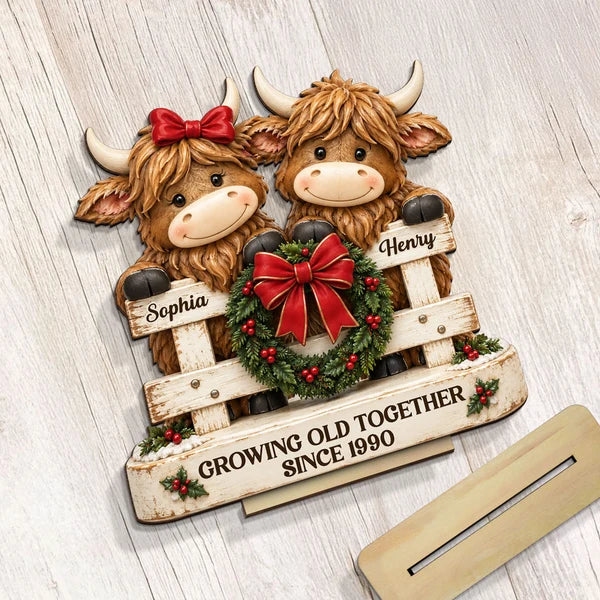 Personalized 2-Layer Wooden Plaque, Highland Cow Couple by a Christmas Fence, Unique Gift for Couples