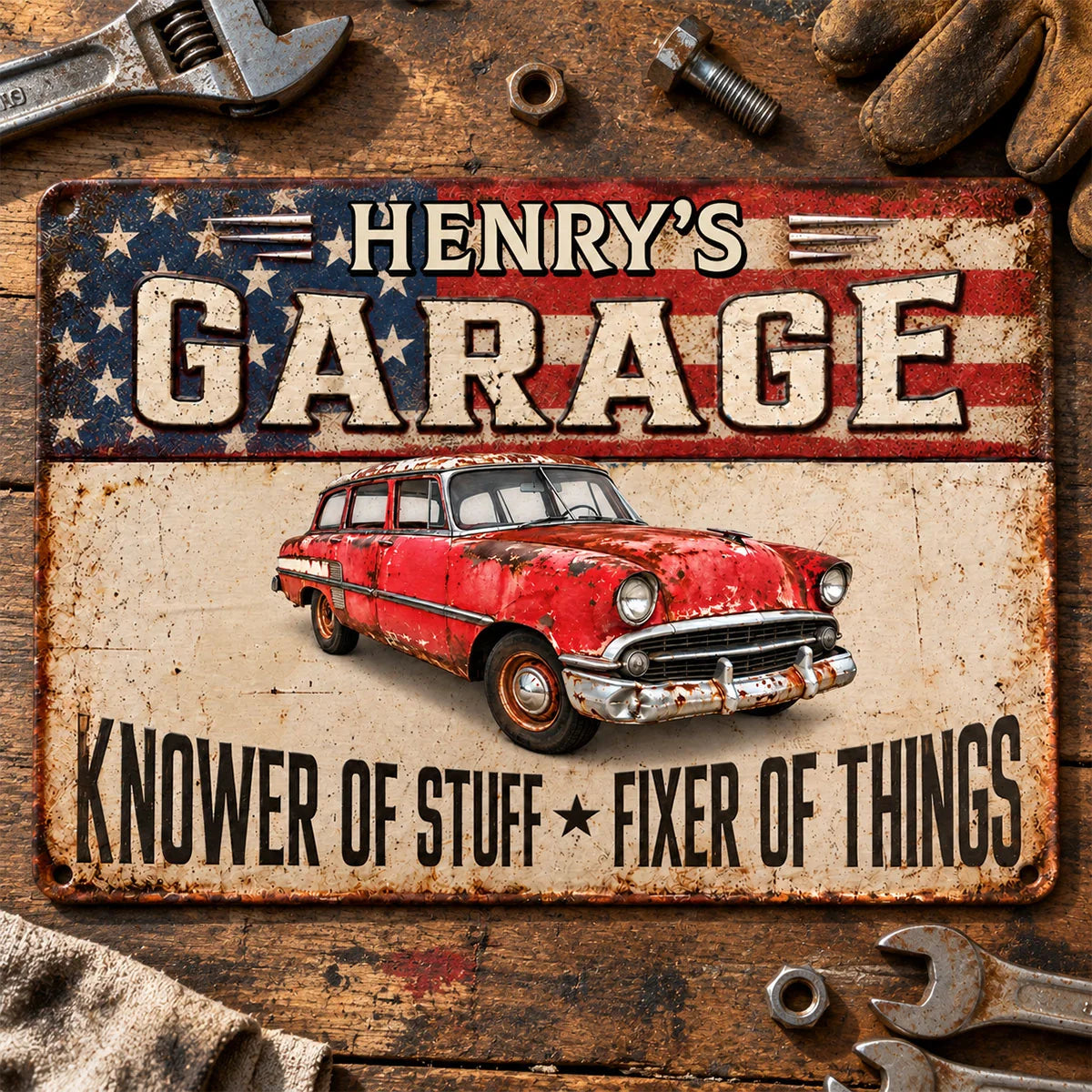 "Knower of Stuff Fixer of Things" Personalized Metal Sign - Garage Decor Gift for Dad