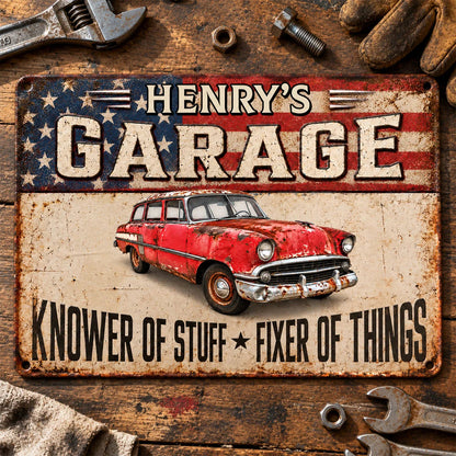 "Knower of Stuff Fixer of Things" Personalized Metal Sign - Garage Decor Gift for Dad