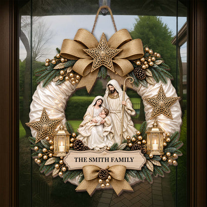 Nativity Wreath Personalized Shaped Wood Sign - Custom Christian Christmas Decor for Family