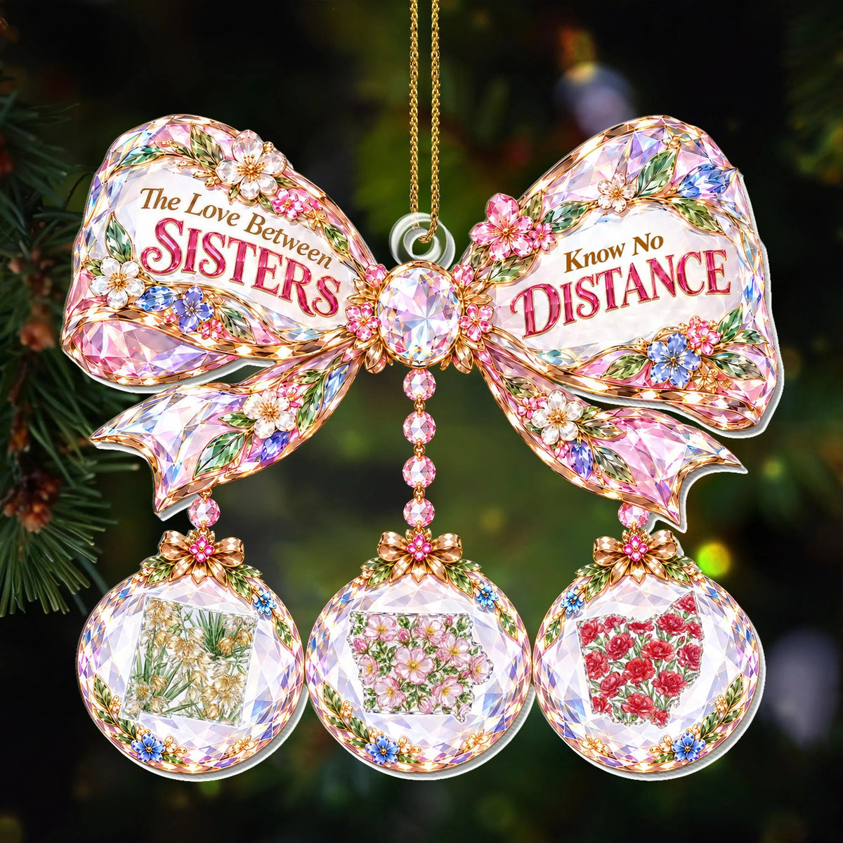 "The Love Between Sisters Know No Distance" Personalized Acrylic Ornament - Christmas Keepsake Gift for Sister