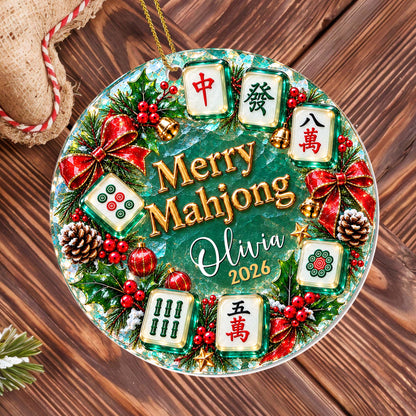 "Merry Mahjong" Personalized Acrylic Ornament for Mahjong Lovers - Custom Name Christmas Wreath Keepsake