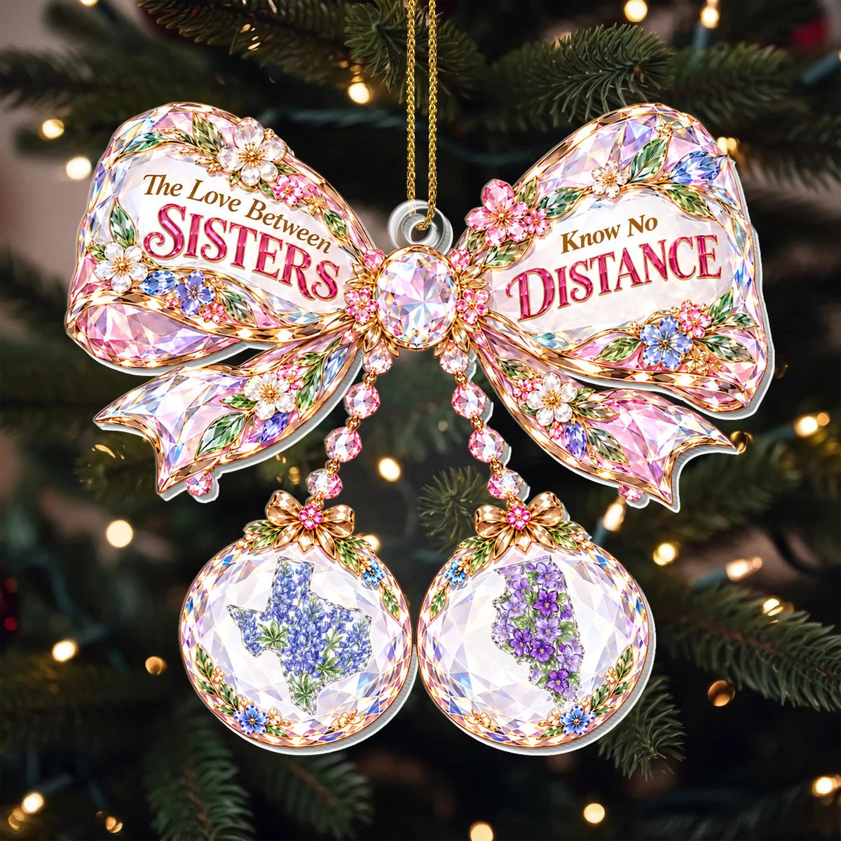"The Love Between Sisters Know No Distance" Personalized Acrylic Ornament - Christmas Keepsake Gift for Sister