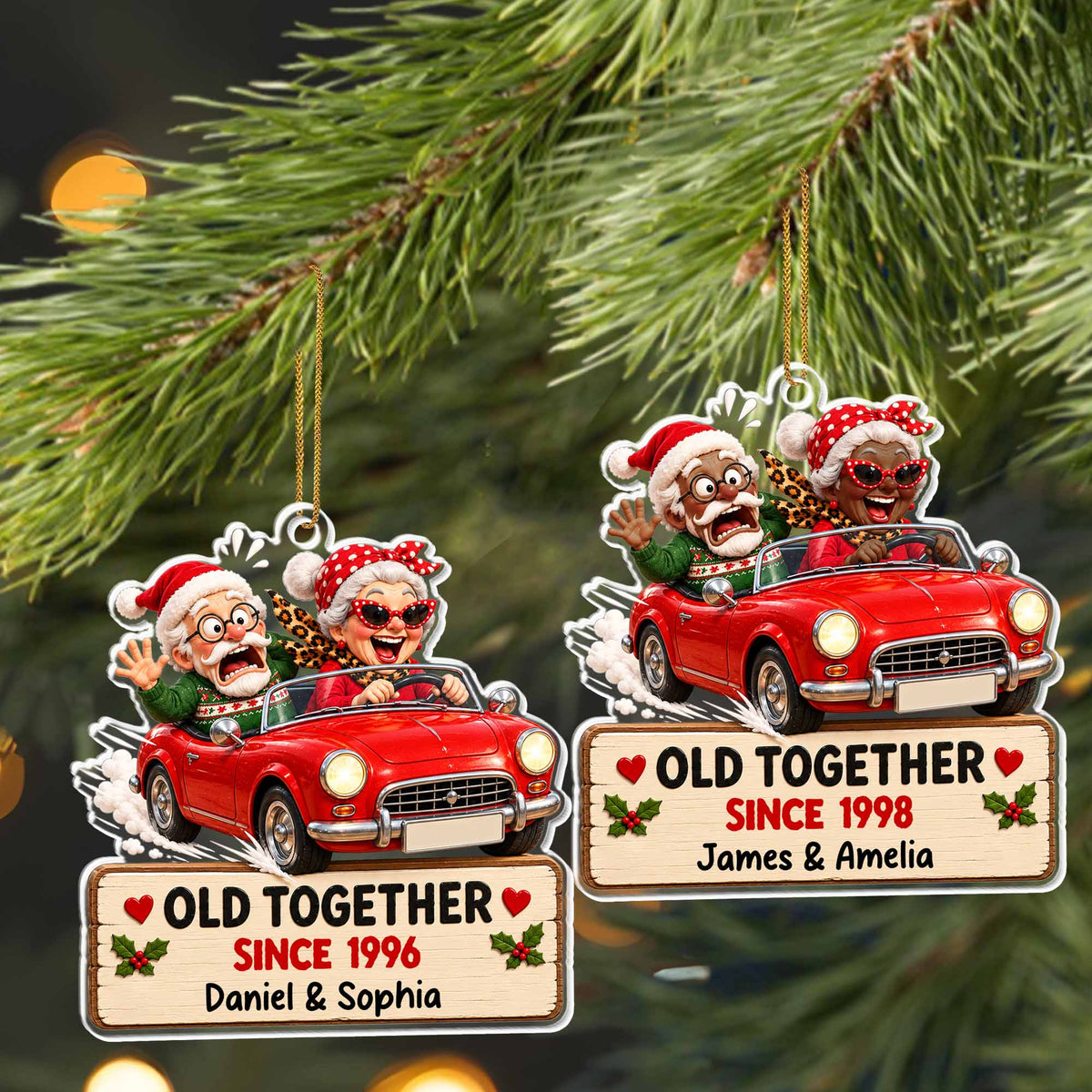 Old Together Since Red Car Personalized Acrylic Ornament - Christmas Anniversary Gift for Couples