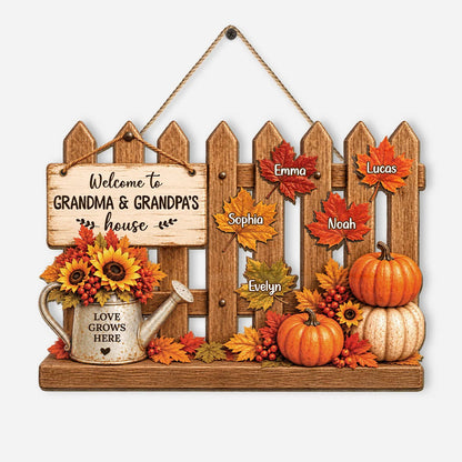 Welcome to Grandma & Grandpa's House Personalized Pumpkin Family Wood Sign - Fall Decor Gift for Grandparents