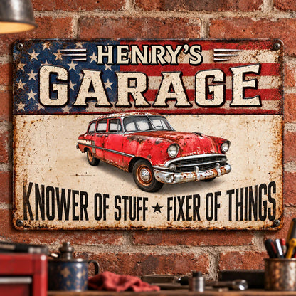 "Knower of Stuff Fixer of Things" Personalized Metal Sign - Garage Decor Gift for Dad