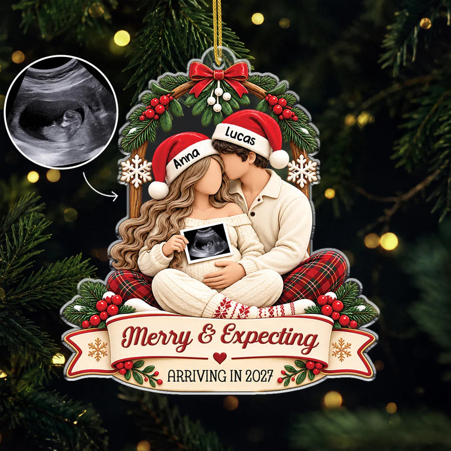 "Merry & Expecting" Personalized Acrylic Ornament for Mom and Dad to Be - Custom Ultrasound Christmas Keepsake