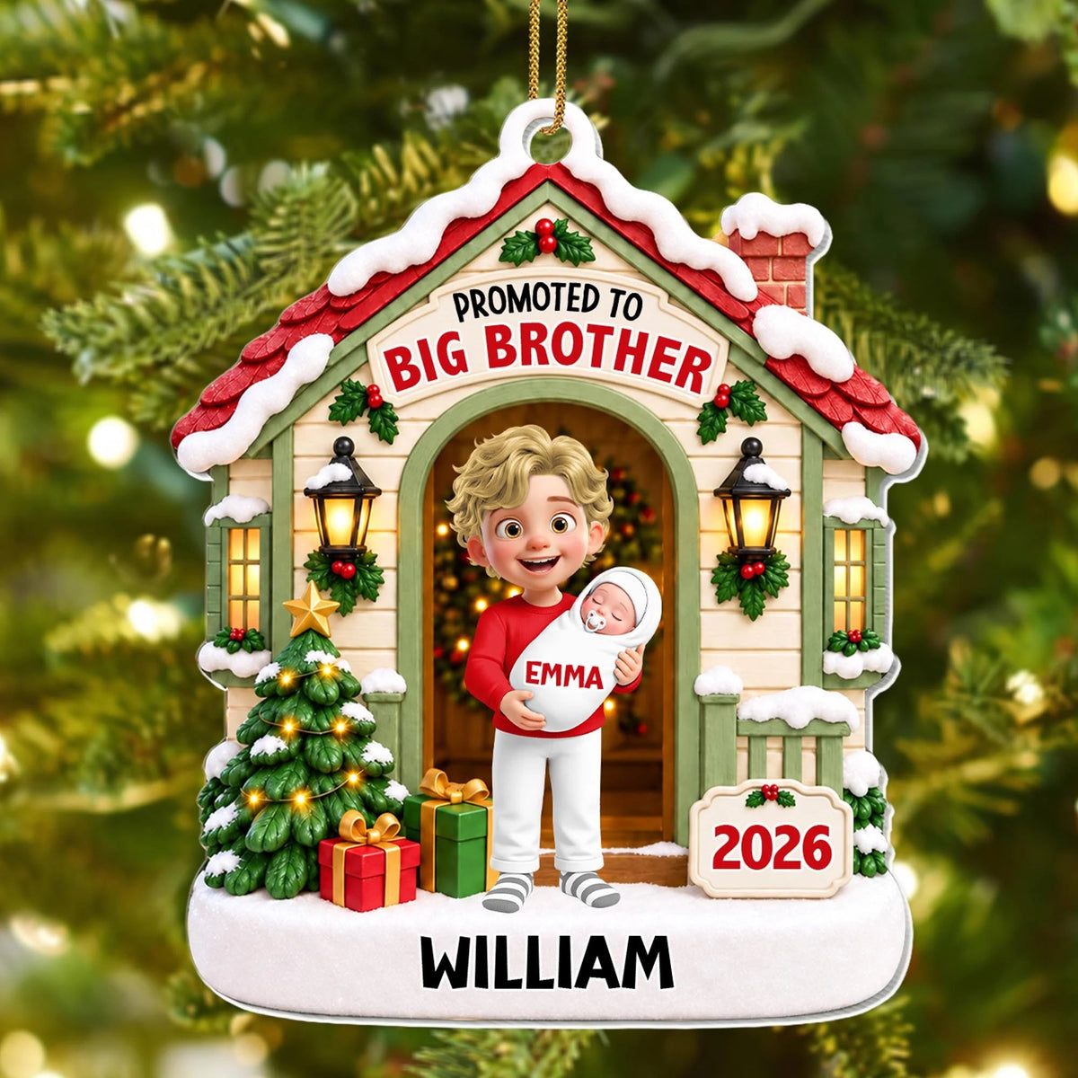 "Promoted To Big Brother" Personalized Acrylic Christmas Ornament - Custom Sibling Keepsake Gift for Kids