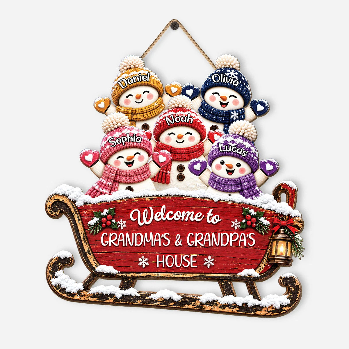 Welcome To Grandma & Grandpa's House Personalized Wood Sign - Custom Christmas Snowman Sleigh Door Hanger Gift