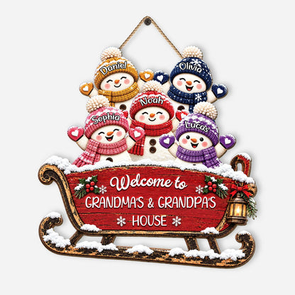 Welcome To Grandma & Grandpa's House Personalized Wood Sign - Custom Christmas Snowman Sleigh Door Hanger Gift