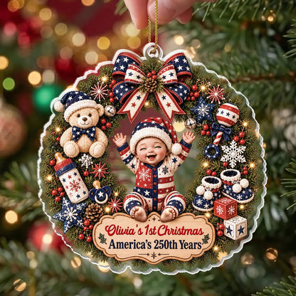 "Our 1st Christmas America's 250th Years" - Personalized Baby Wreath Acrylic Ornament Keepsake Gift