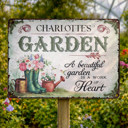 "A Beautiful Garden Is A Work Of Heart" Personalized Metal Sign - Garden Decor for Mom Grandma