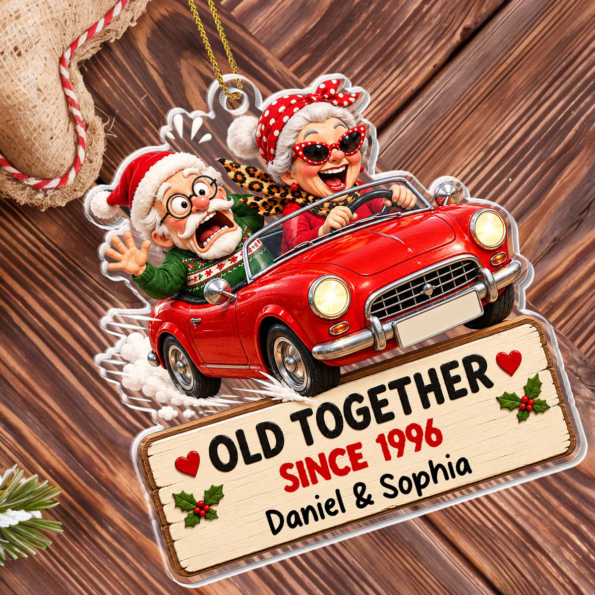 Old Together Since Red Car Personalized Acrylic Ornament - Christmas Anniversary Gift for Couples