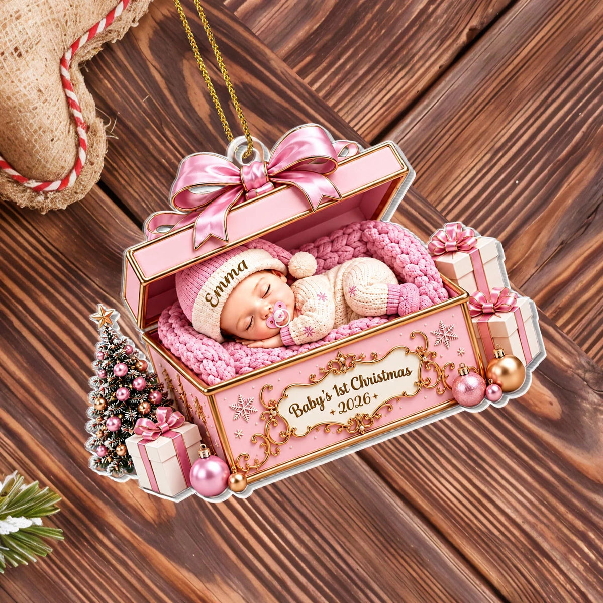 Baby's 1st Christmas Sleeping Baby in Gift Box - Personalized Acrylic Ornament for Newborn Keepsake
