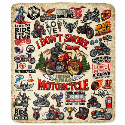 "I Don't Snore I Dream I'm A Motorcycle" Personalized Blanket - Custom Rider Gift for Biker Husband, Dad