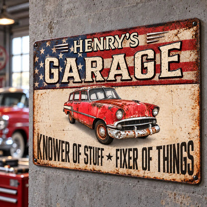 "Knower of Stuff Fixer of Things" Personalized Metal Sign - Garage Decor Gift for Dad
