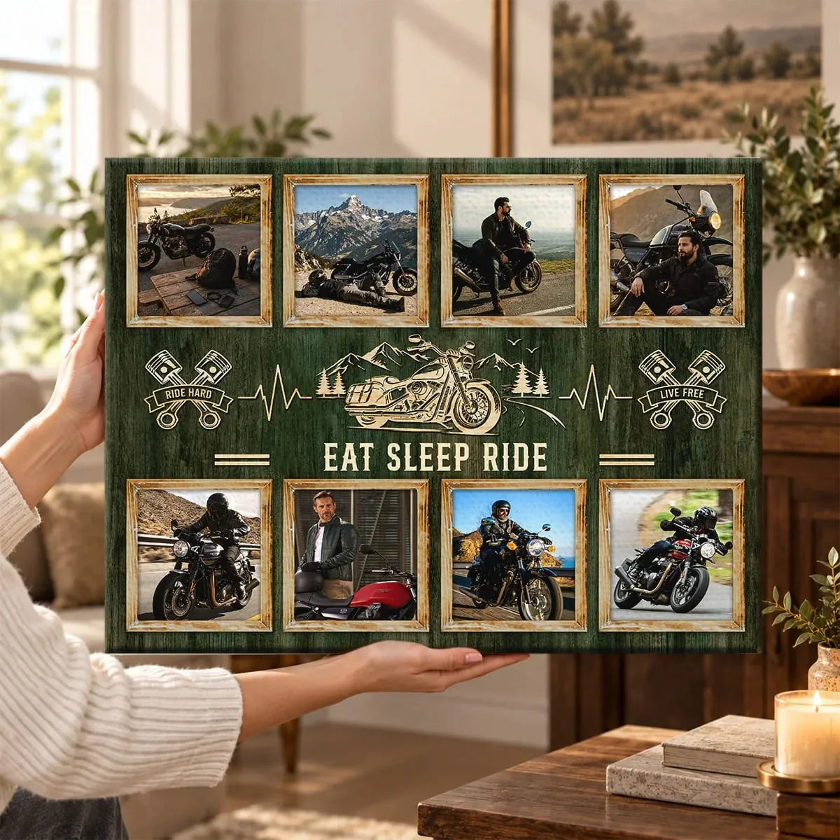 "Eat Sleep Ride" Personalized Biker Photo Collage Canvas / Poster - Wall Art for Motorcycle Enthusiasts