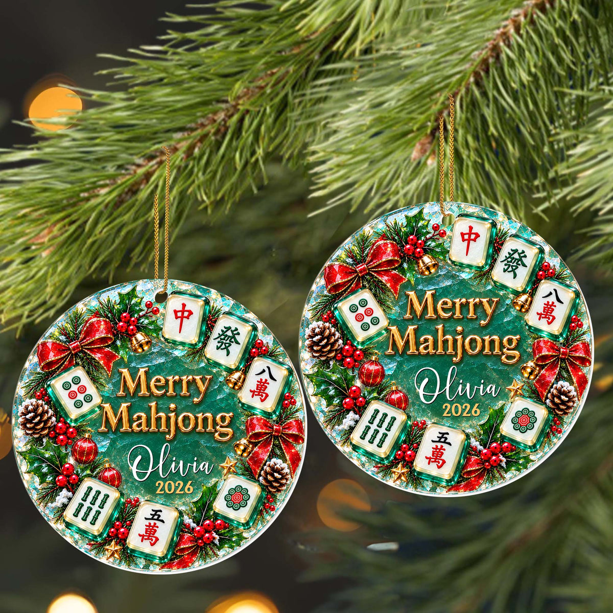 "Merry Mahjong" Personalized Acrylic Ornament for Mahjong Lovers - Custom Name Christmas Wreath Keepsake