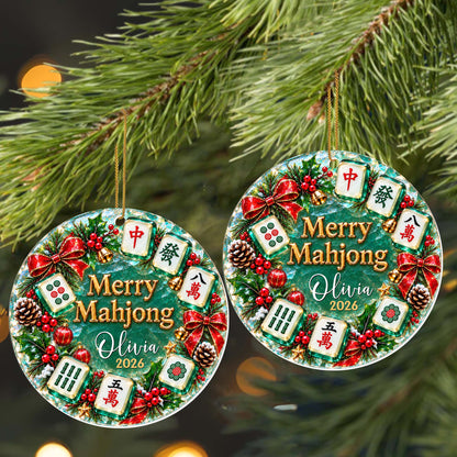 "Merry Mahjong" Personalized Acrylic Ornament for Mahjong Lovers - Custom Name Christmas Wreath Keepsake