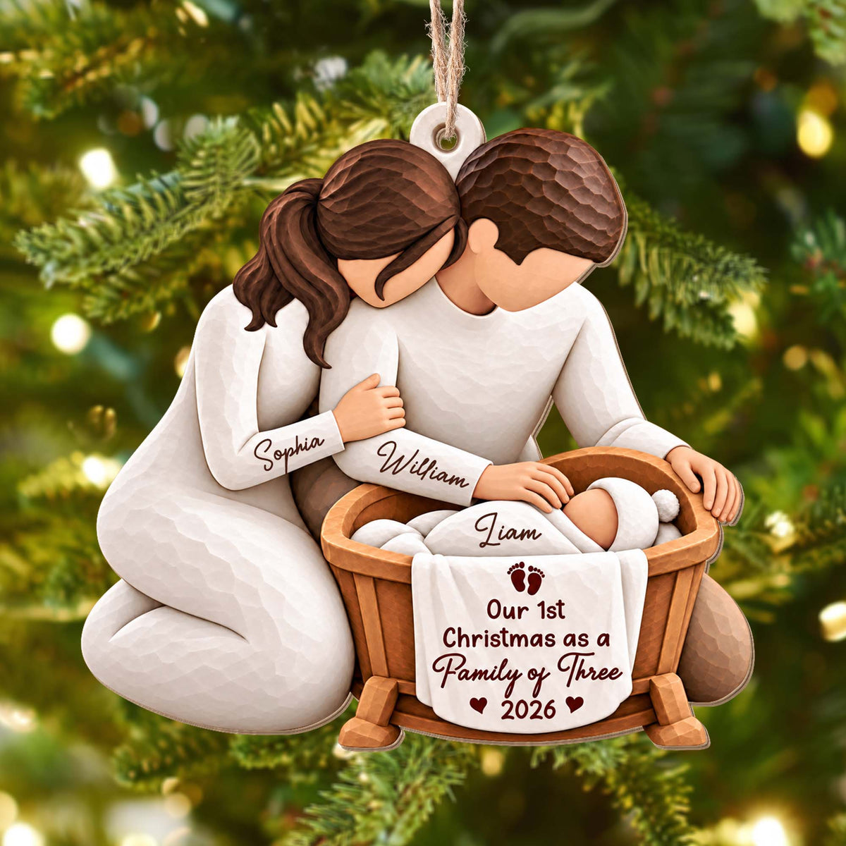 Our 1st Christmas as a Family of Three Personalized Wooden Ornament - Custom Holiday Keepsake Gift for New Parents