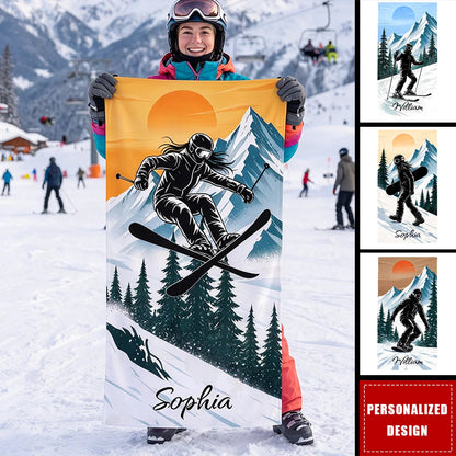 Mountain Sunset Personalized Ski Towel - Custom Name Christmas Gift for Skiers and Snowboarders