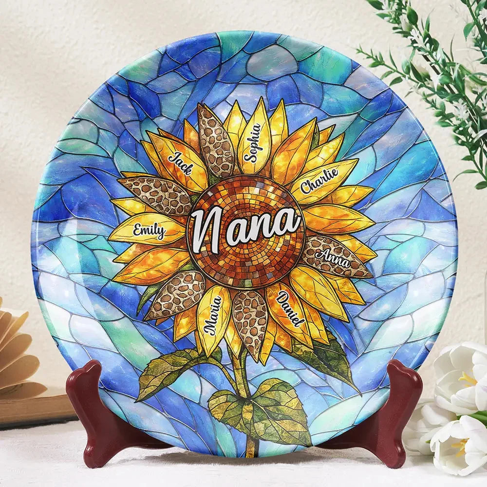 Sunflower Stained Glass Personalized Ceramic Plate - Keepsake Gift for Mom & Grandma