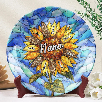 Sunflower Stained Glass Personalized Ceramic Plate - Keepsake Gift for Mom & Grandma
