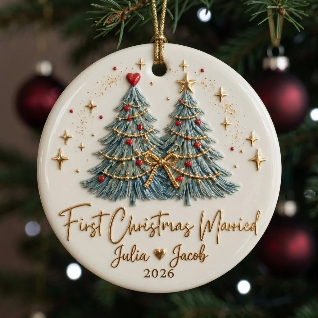 First Christmas Married Personalized Ceramic Ornament - Custom Newlywed Holiday Keepsake Gift for Couples